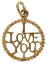 9ct gold I love you pendant, 1.8cm high, 1.0g