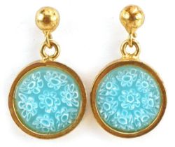 Pair of 800 grade silver gilt Venetian millefiori glass drop earrings, 2cm high, 2.7g