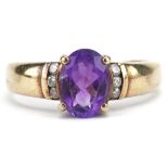 9ct gold amethyst ring with diamond set shoulders, size M, 2.3g