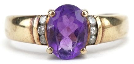 9ct gold amethyst ring with diamond set shoulders, size M, 2.3g