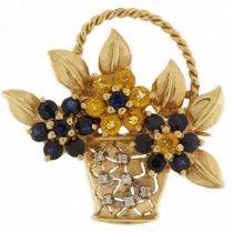 14ct gold floral bouquet brooch set with diamonds, sapphires and citrines, 3cm high, 7.6g