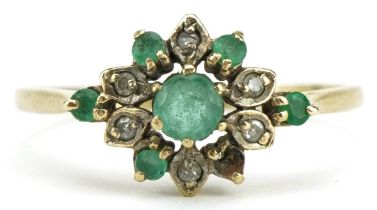 9ct gold emerald and diamond flower head ring, size O, 1.2g