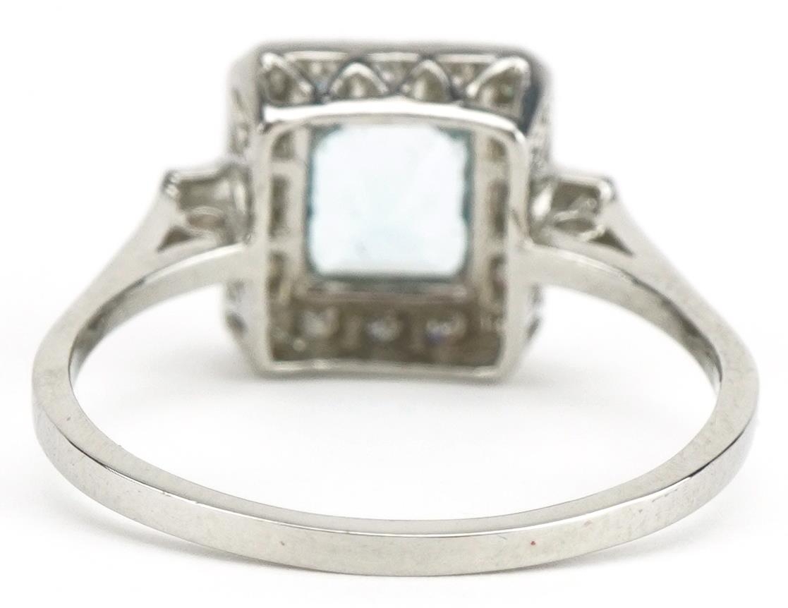 Art Deco style platinum aquamarine and diamond ring, the aquamarine approximately 5.50mm x 5.50mm - Image 2 of 5