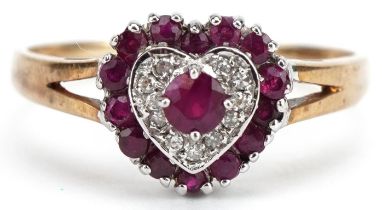 9ct gold ruby and diamond three tier love heart ring, size V, 3.1g
