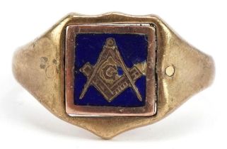 9ct gold and enamel masonic swivel signet ring, size T, 5.0g