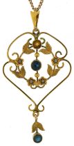 Edwardian 9ct gold blue stone and seed pearl openwork pendant on a 9ct gold necklace, 5cm high and