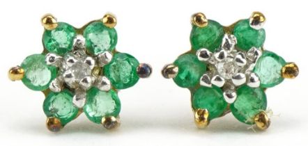 Pair of 9ct gold emerald and diamond flower head stud earrings, 6.5mm in diameter, 0.6g