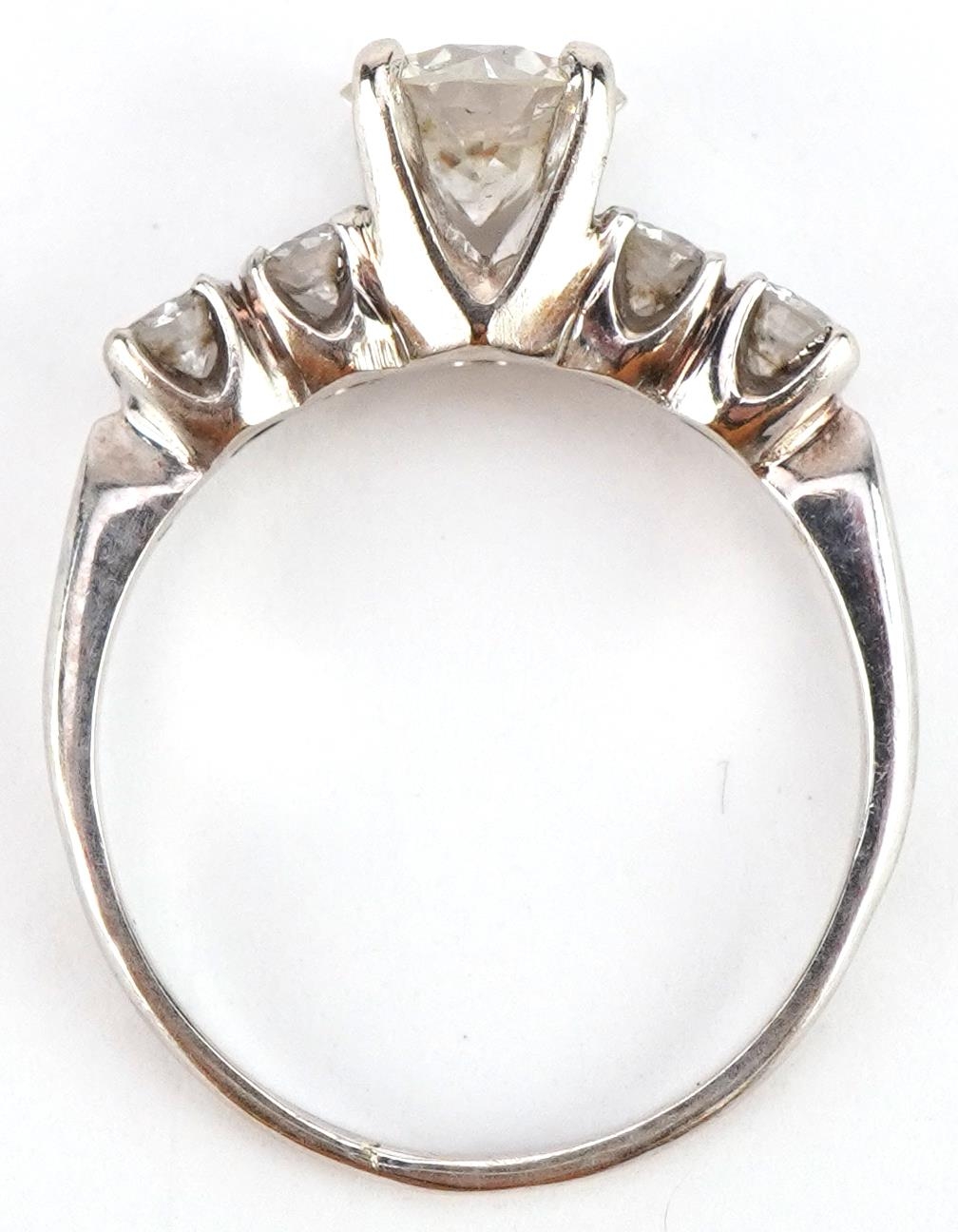 White gold diamond five stone ring, indistinct marks, possibly 14k, the central diamond - Image 4 of 5