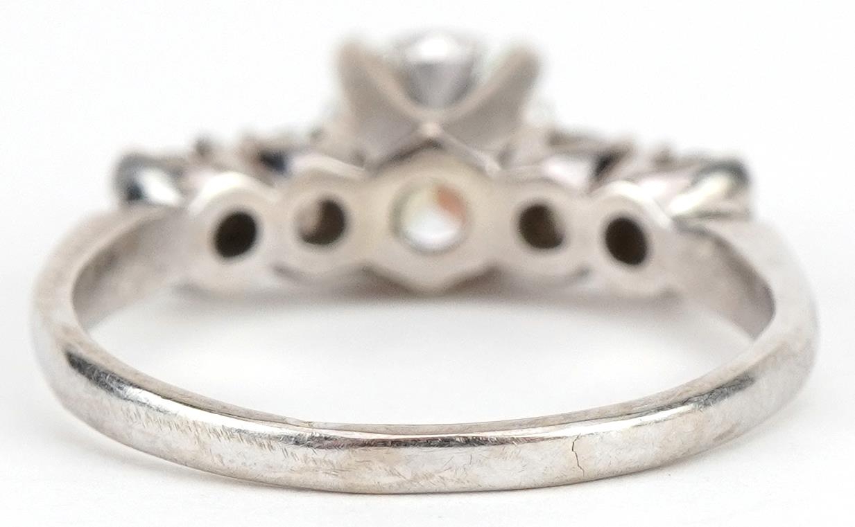 White gold diamond five stone ring, indistinct marks, possibly 14k, the central diamond - Image 3 of 5