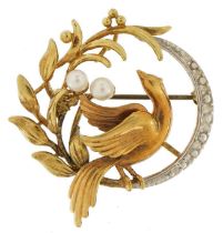 9ct two tone gold bird amongst flowers brooch set with cultured pearls, 3.2cm high, 4.3g