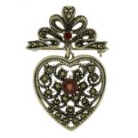 Silver marcasite love heart brooch set with red stones, 4.5cm high, 9.5g
