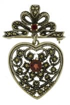 Silver marcasite love heart brooch set with red stones, 4.5cm high, 9.5g