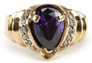 14ct gold tourmaline teardrop ring with diamond set stepped shoulders, size N, 5.3g