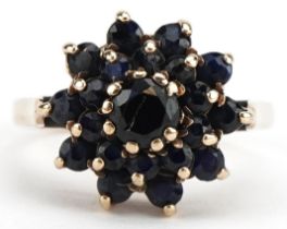 9ct gold sapphire three tier flower head ring, size O, 3.5g