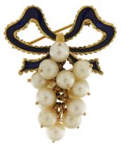 unmarked gold, blue enamel and pearl brooch in the form of a bow with grapes, 4cm high, 11.5g