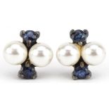 Pair of silver sapphire and simulated pearl stud earrings, 8mm high, 1.0g