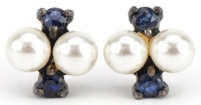 Pair of silver sapphire and simulated pearl stud earrings, 8mm high, 1.0g