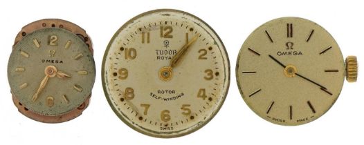 Three ladies wristwatch movements comprising Tudor Royal and Omega, the largest 19mm in diameter