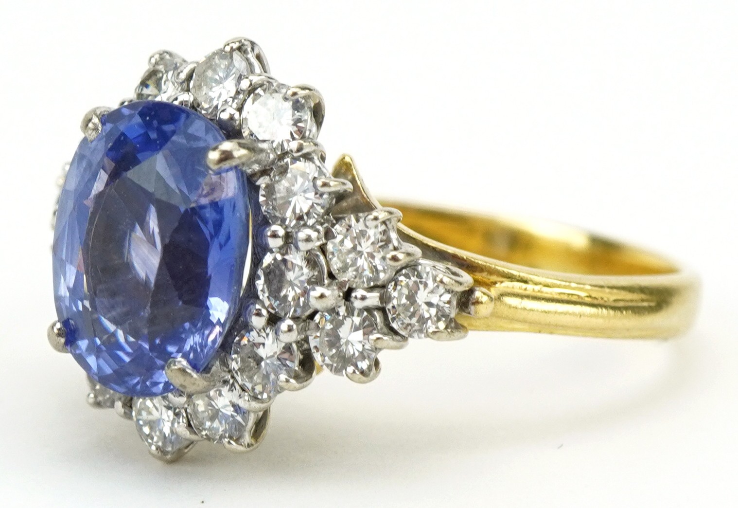 18ct gold Sri Lankan sapphire and diamond four tier cluster ring, weight of the sapphire 6.54g, - Image 2 of 5