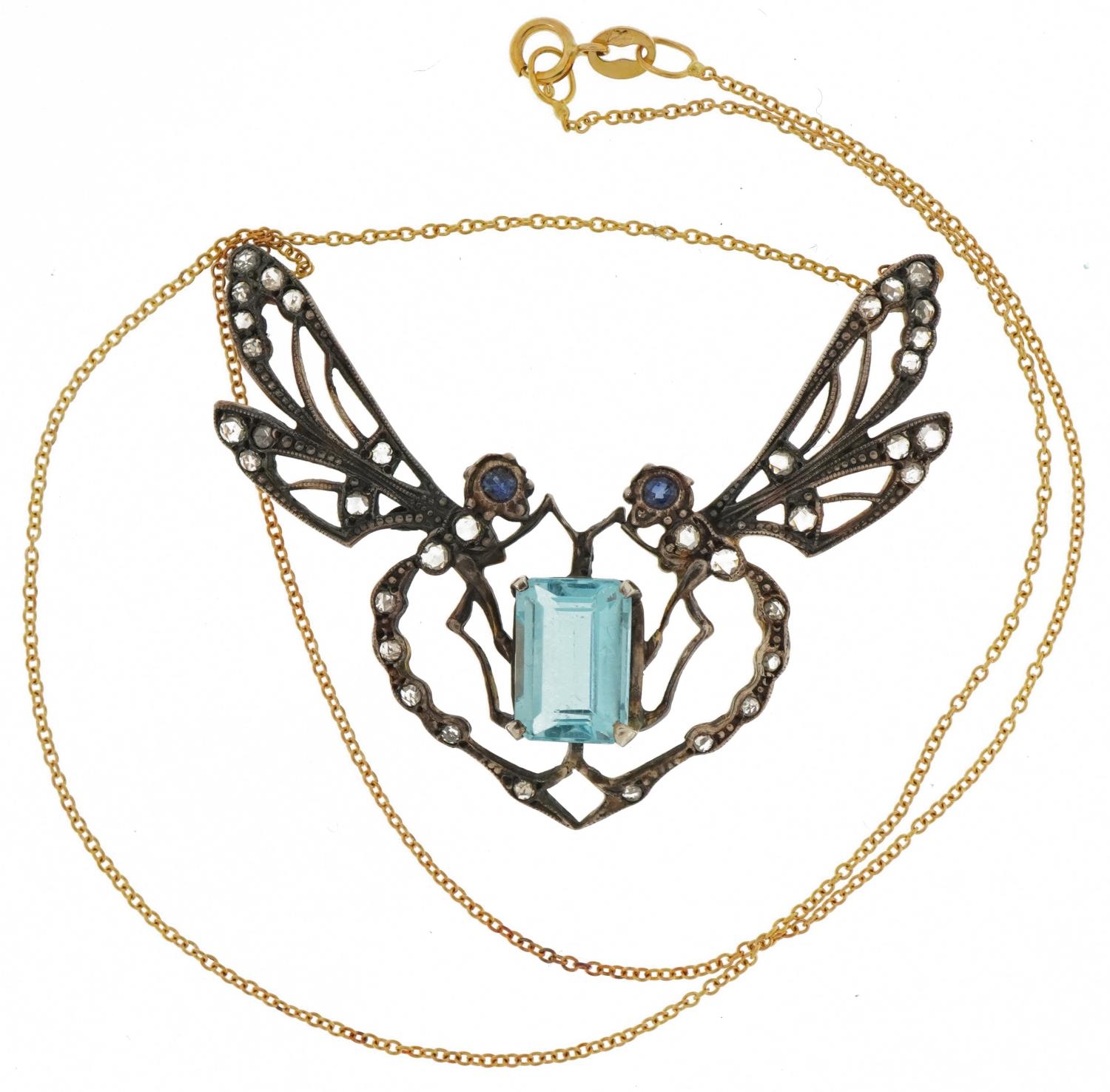 18ct gold sapphire and diamond dragonfly necklace, the central sapphire approximately 10.5mm x 7.3mm - Image 2 of 5