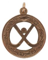 9ct rose gold hockey club sports jewel engraved NWHU senior League. Raphoe.1925-26, 3.3cm high, 8.5g