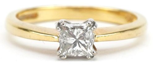 18ct gold princess cut diamond ring, approximately 0.50 carat, housed in a Jay's Diamond Merchants