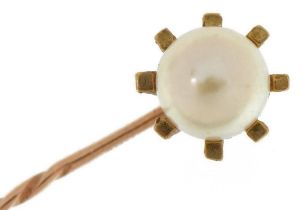 9ct gold cultured pearl stickpin, 6cm in length, 1.3g