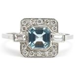 Art Deco style platinum aquamarine and diamond ring, the aquamarine approximately 5.50mm x 5.50mm