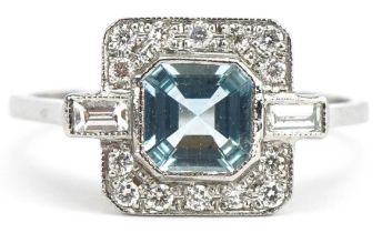 Art Deco style platinum aquamarine and diamond ring, the aquamarine approximately 5.50mm x 5.50mm