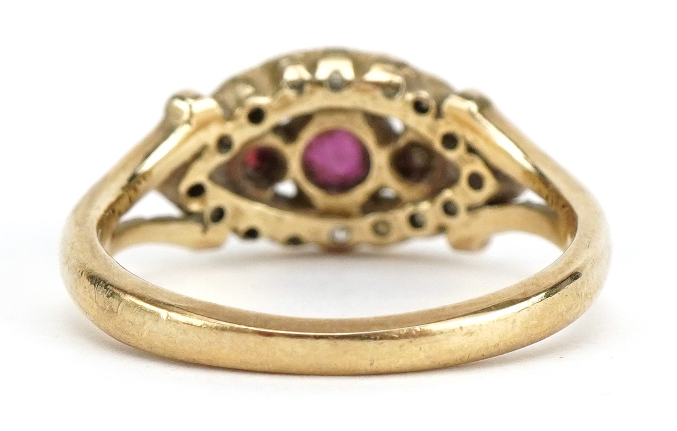 Victorian style 9ct gold ruby and diamond cluster ring with pierced setting, size J, 2.4g - Image 2 of 5