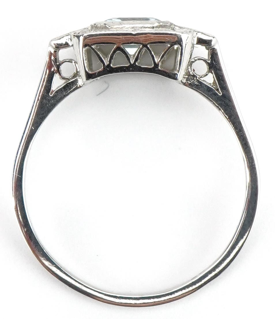 Art Deco style platinum aquamarine and diamond ring, the aquamarine approximately 5.50mm x 5.50mm - Image 3 of 5