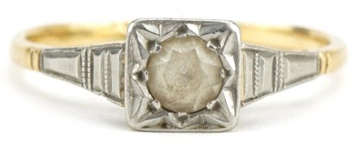 Art Deco 18ct gold and platinum white spinel ring, size K, 1.6g