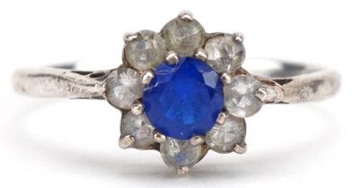 Silver blue spinel and clear stone flower head ring, size Q, 1.7g