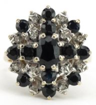 9ct gold sapphire and diamond three tier cluster ring, size Q/R, 5.5g