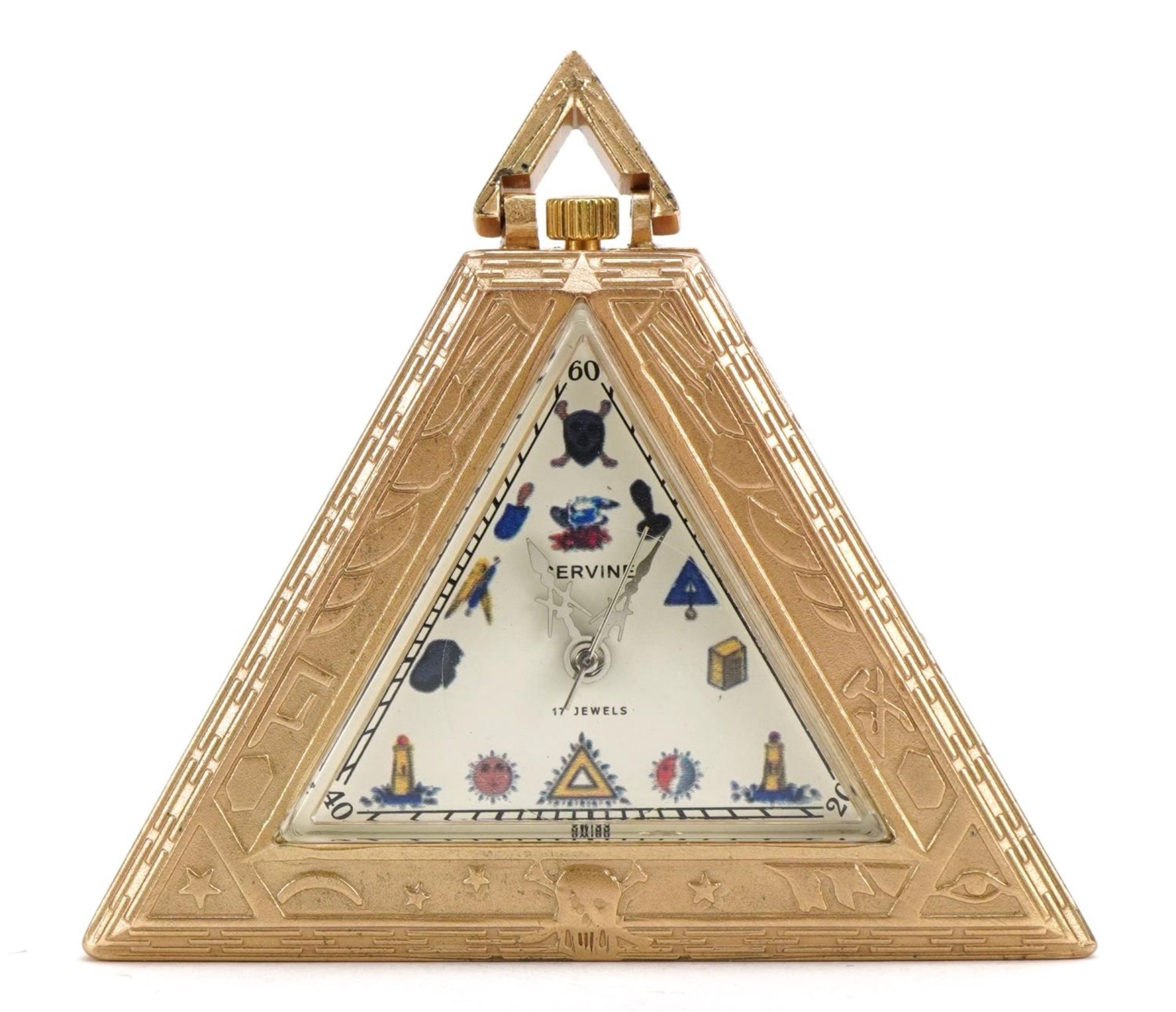 Masonic interest silver gilt triangular pocket watch, 5cm high, 51.3g