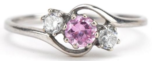 9ct white gold pink and clear stone crossover ring, size Q, 1.5g