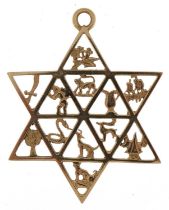 9ct gold Star of David with zodiac signs pendant, 4cm high, 3.5g