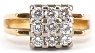 18ct gold diamond nine stone square cluster ring, total diamond weight approximately 0.72 carat,