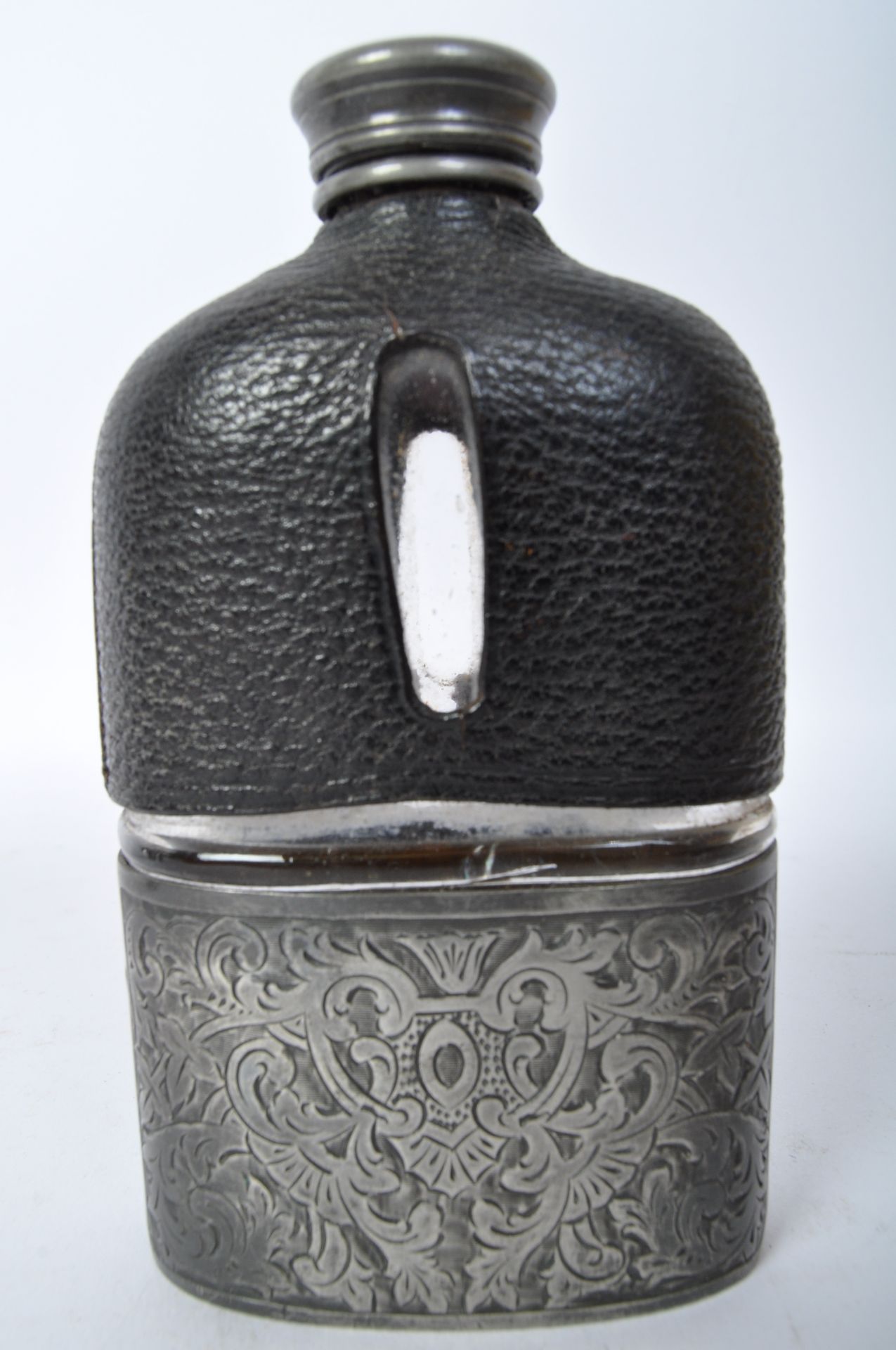 TWO 19TH CENTURY SILVER PLATE LEATHER & GLASS HIP FLASKS - Image 5 of 5