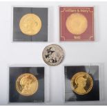 FIVE VINTAGE SILVER & 24CT GOLD FLASH COMMEMORATIVE COINS
