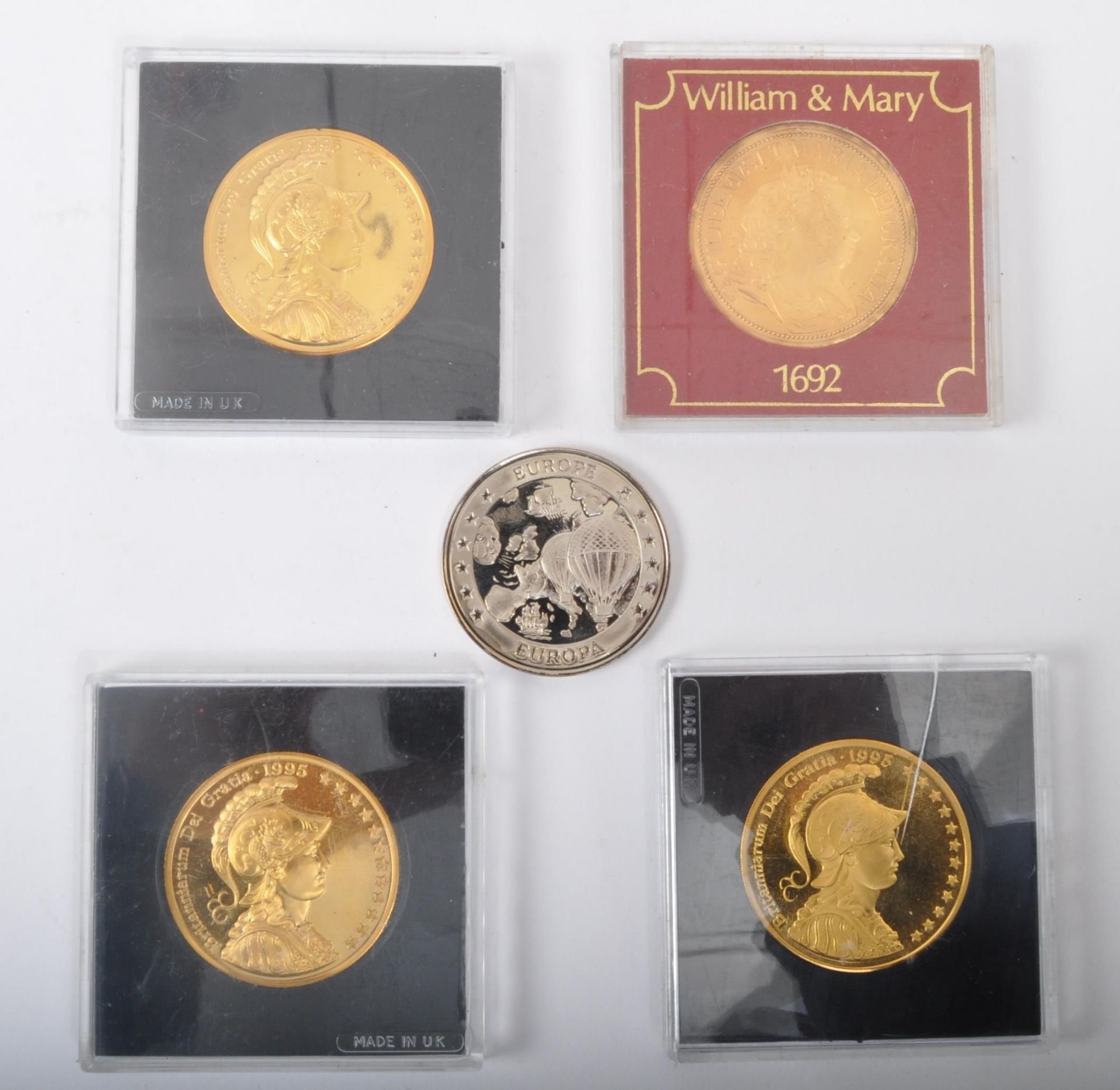 FIVE VINTAGE SILVER & 24CT GOLD FLASH COMMEMORATIVE COINS