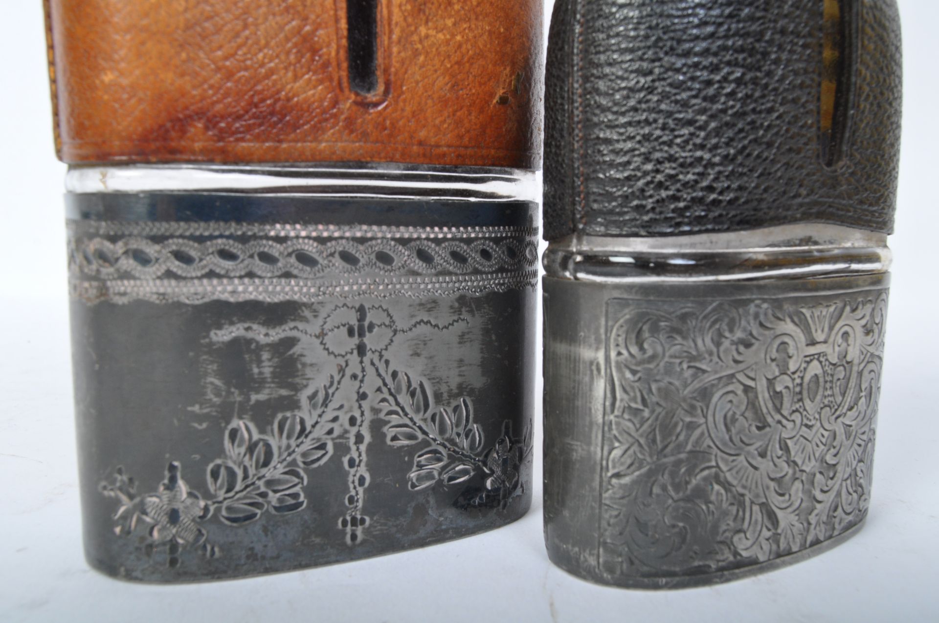 TWO 19TH CENTURY SILVER PLATE LEATHER & GLASS HIP FLASKS - Image 3 of 5