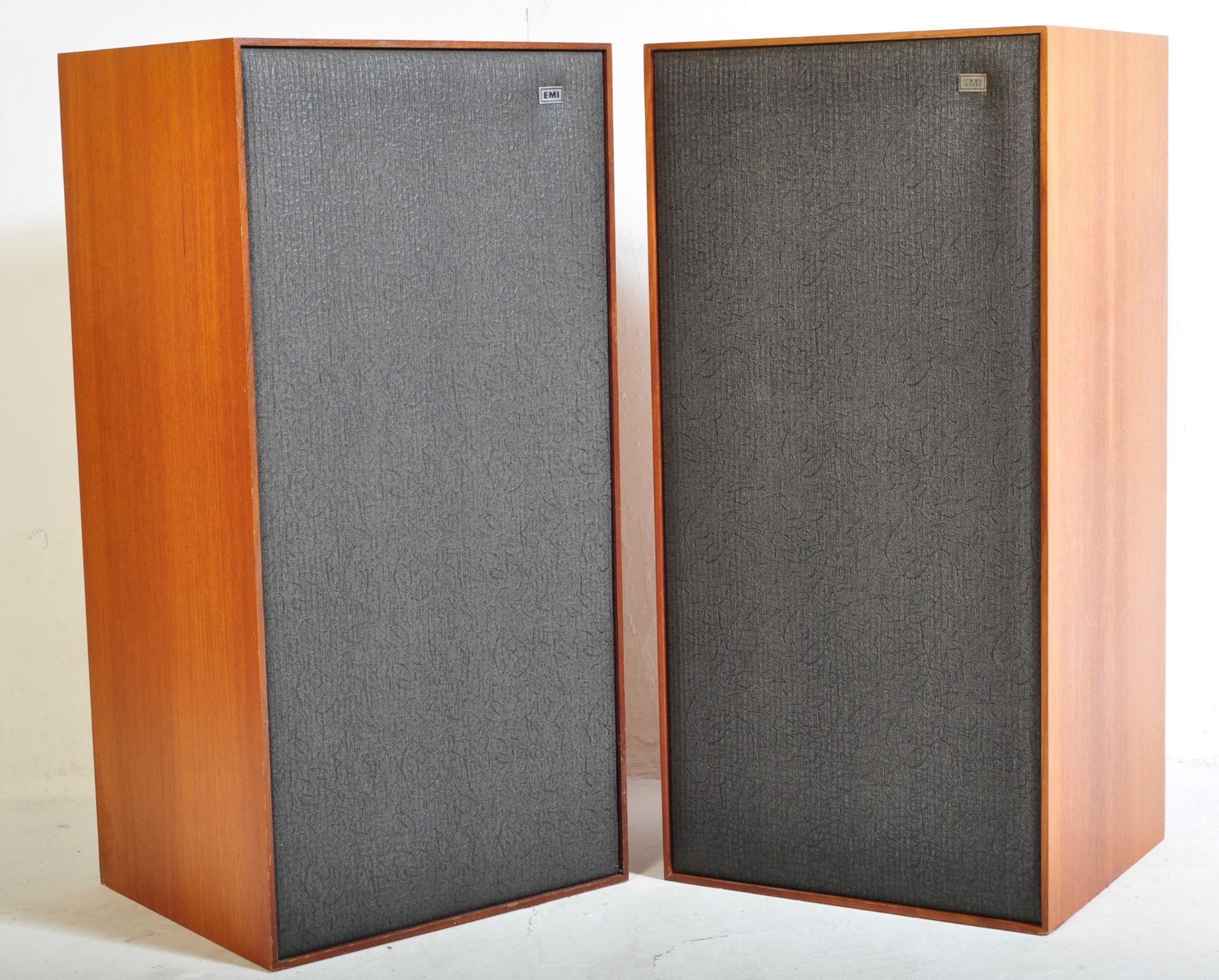 PAIR OF MID CENTURY RETRO LARGE EMI TEAK CASED SPEAKERS