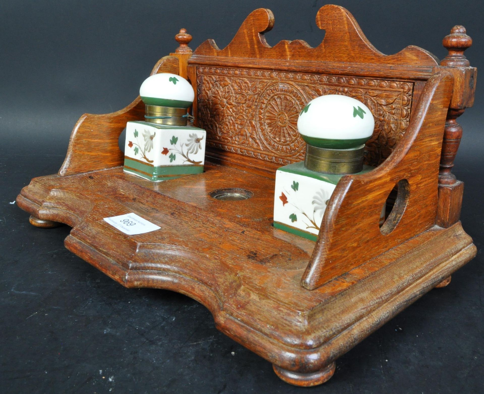 VINTAGE 20TH CENTURY OAK INK STAND WITH POTS - Image 3 of 5