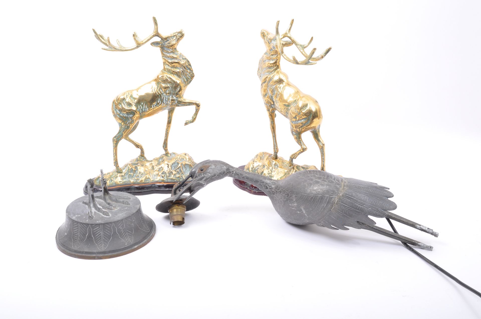 PAIR OF BRASS MOOSE SCULPTURES TOGETHER WITH LAMP BASE