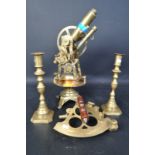 COLLECTION OF BRASS THEODOLITE CANDLESTICKS & SEXTANT