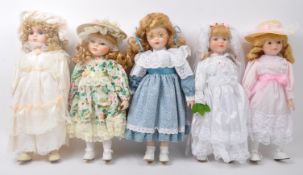 COLLECTION OF FIVE VINTAGE PORCELAIN DOLLS - ALL BOXED