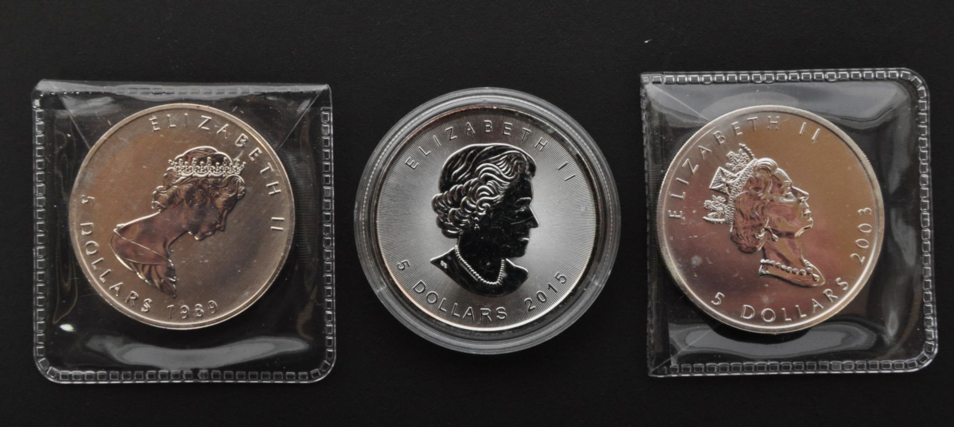 CANADA. THREE 1OZ 999 SILVER $5 DOLLARS MAPLE LEAF COINS - Image 2 of 3