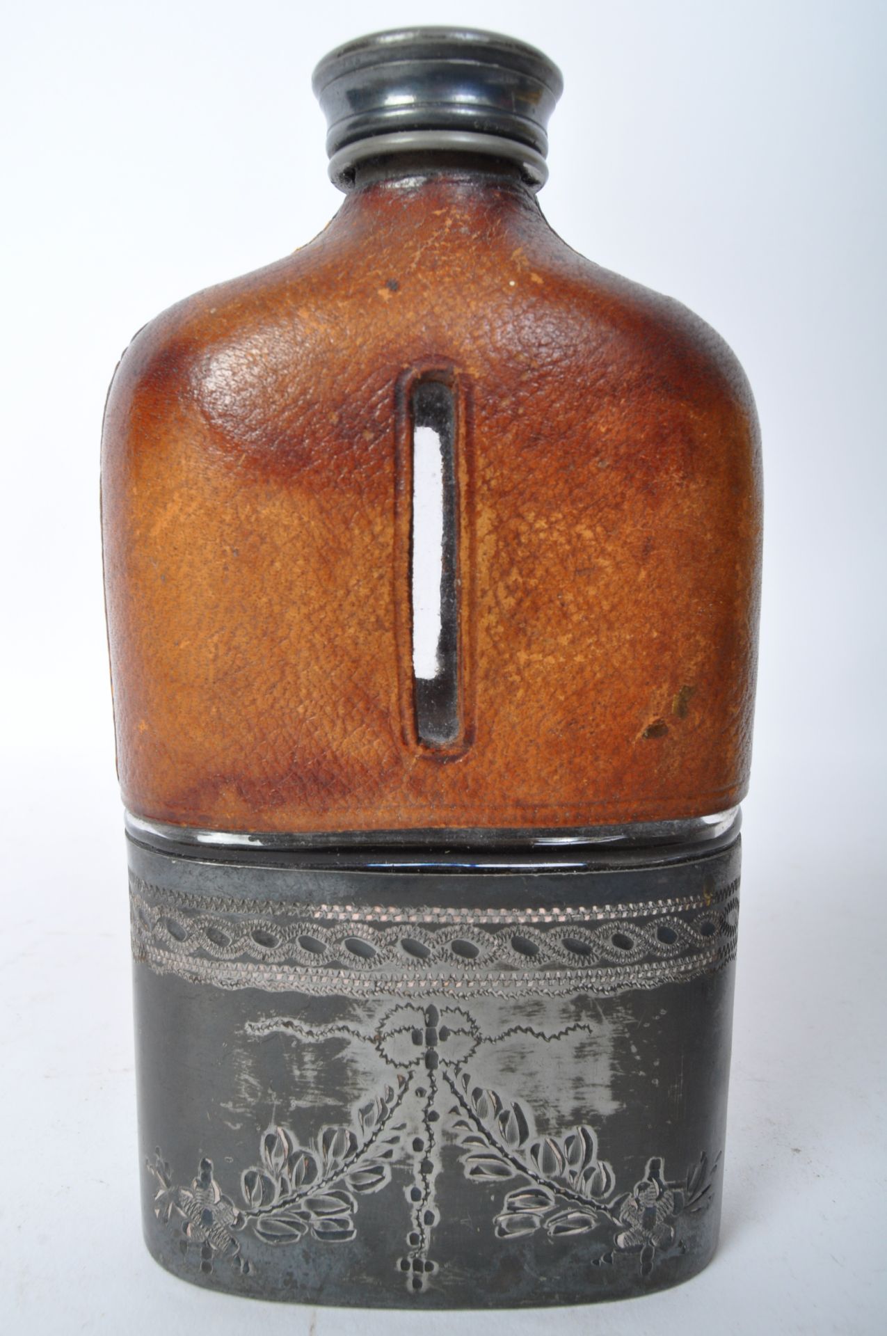 TWO 19TH CENTURY SILVER PLATE LEATHER & GLASS HIP FLASKS - Image 4 of 5