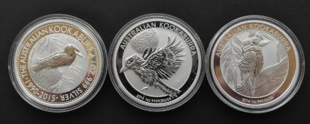 AUSTRALIA. THREE 1OZ 999 SILVER $1 DOLLAR KOOKABURRA COINS